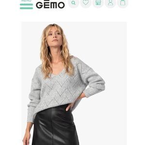 GEMO Sz M Women's Grey Sweater Large Open V-neck Polyester Alpaca